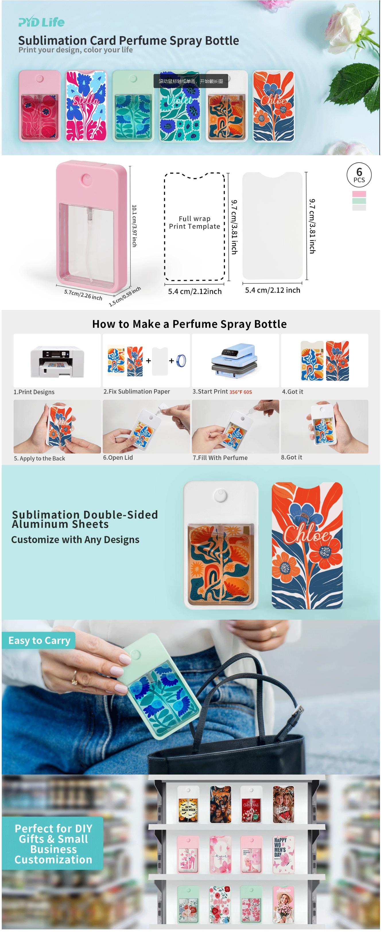 12-Pack Compact Plastic Sublimation Blanks Card Perfume Spray Bottles (1fl.oz/30ml, Mixed Colors) - Portable Refillable Cosmetic Makeup Travel Mist Sprayers with 16 Double-Sided Sublimation Aluminum Sheets for Custom Design, Ideal Gift, Removable