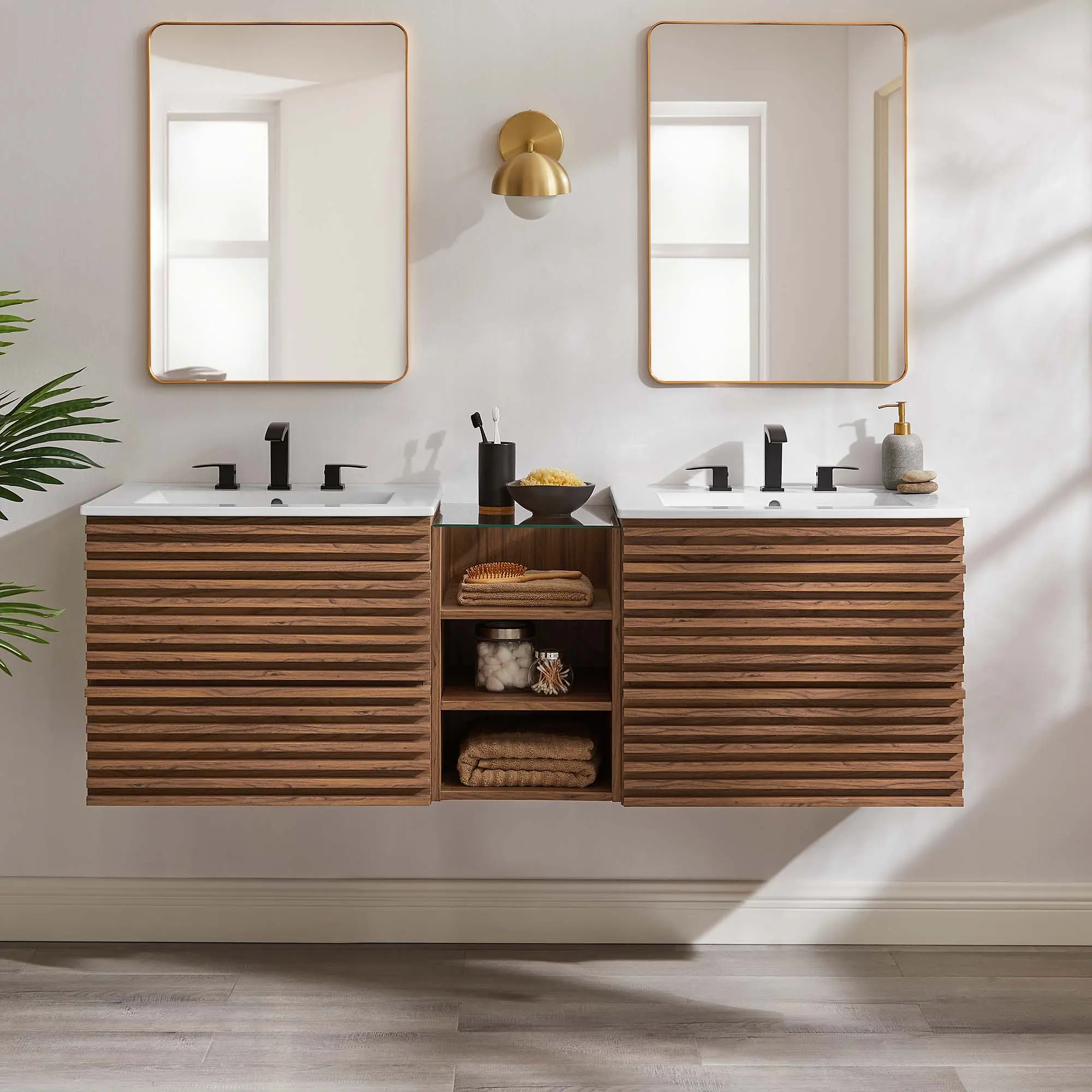 62" Wall-Mount Double Sink Modern Bathroom Vanity, Mid-Century Style, Walnut White Finish, MDF Frame, Slotted Drawers, Glass Countertop, Assembly Required, Drywall-Friendly Mounting Cleats