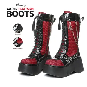 VIMISAOI Womens Platform Boots Mid Calf Round Toe Lace Up Chunky Block High Heels Chains Mesh Skeleton Charms Gothic Combat Motorcycle Biker Gameday Party Concert Festival Boots