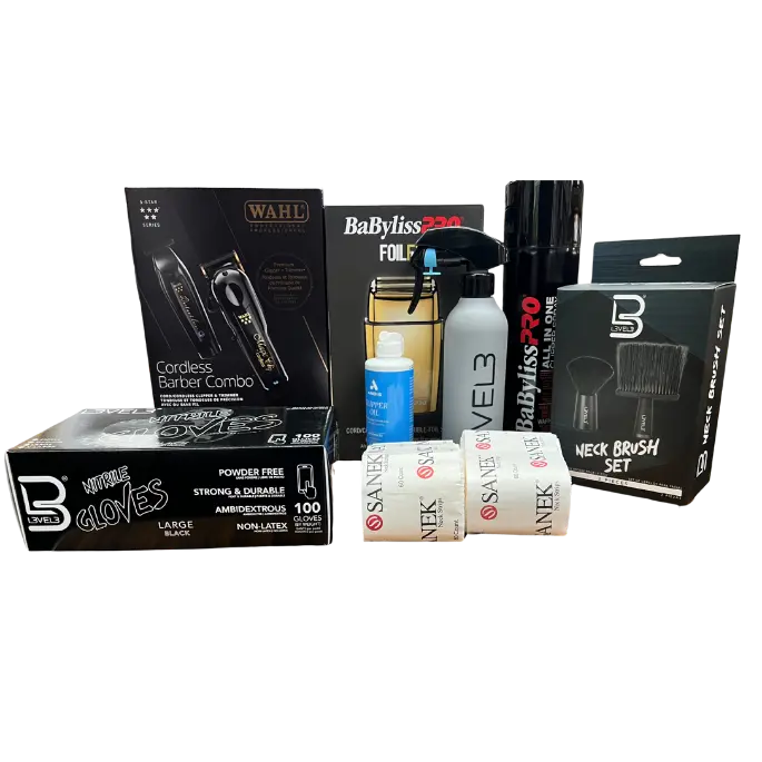 Mimi's Barber Starter Kit, Hair Styling Set with Clipper Spray, Black Nitrile Gloves