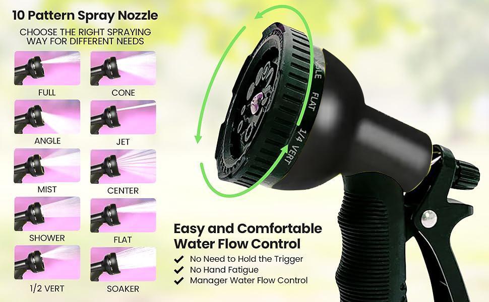 50FT/100FT Garden Hose 10 Function Nozzle, Lightweight Leak-Proof Heavy-Duty Flexible Water Hose, Lay Flat Kink Free High-Pressure Flexible Hose