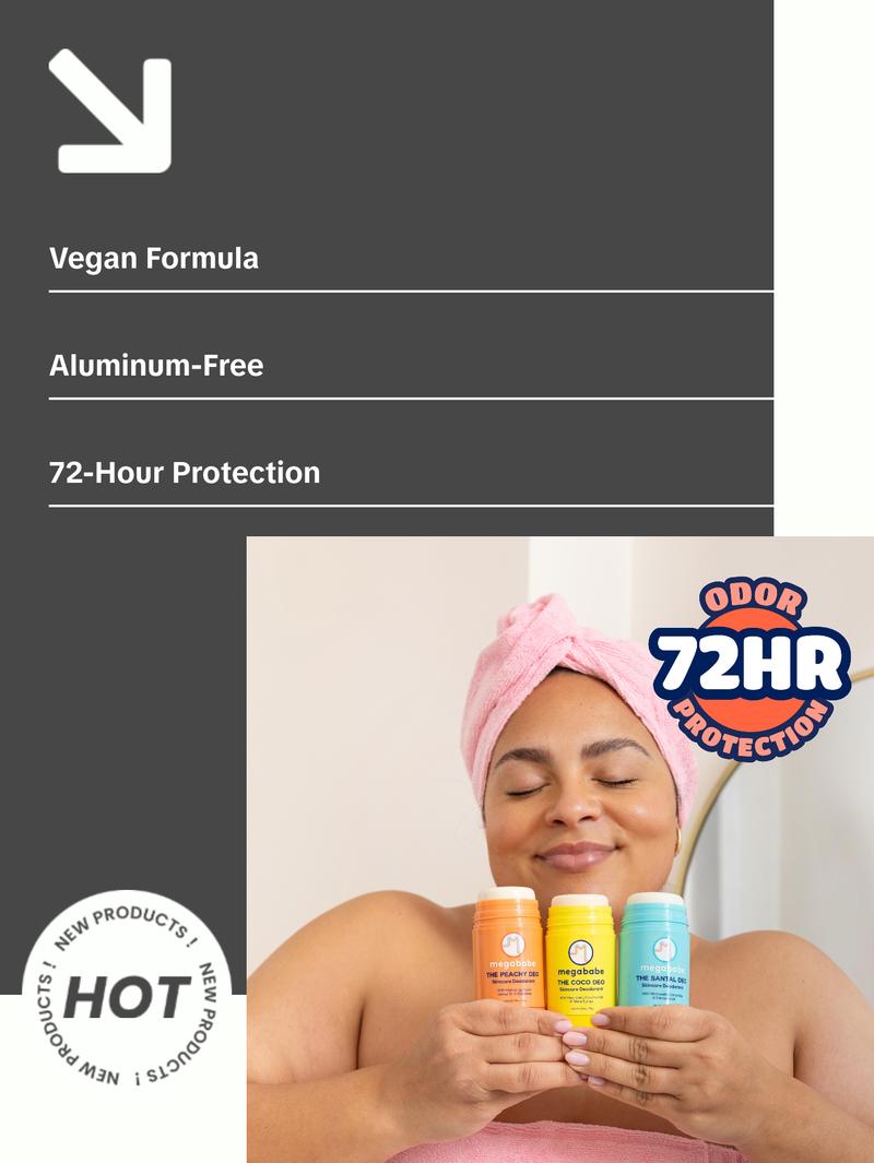 Megababe Scent-sational Deo Trio - 3 Skincare Deodorants with 72 Hour odor protections | The Santal Deo, The Coco Deo, The Peachy Deo