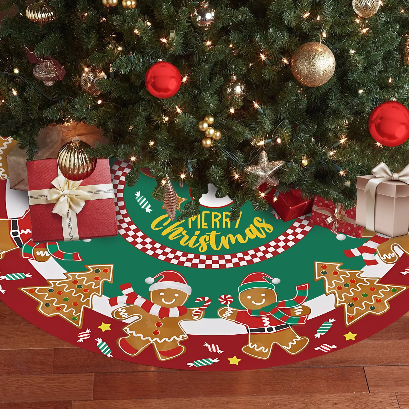 JOOCAR 48-Inch Merry Christmas Tree Skirt, Lace-Up Gingerbread Man Candy Design Home Textile Rug, Red & Green Large Ornaments Prop, Holiday Party Indoor Decor, New Year Gift, Circle