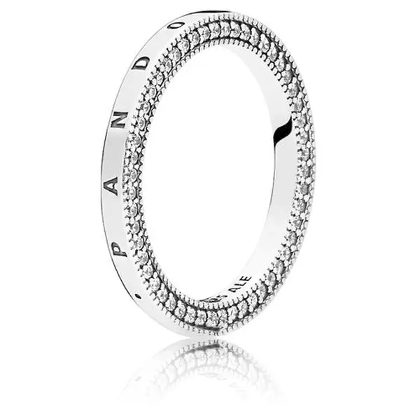 PANDORA Signature Silver Ring - Embellished, Style 197437CZ, Signature Look, Heart Motif, Ideal for Stacked Wear