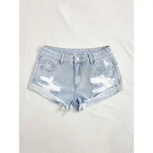 High waisted women's torn denim shorts, boyfriend shorts, summer casual slim fit jeans, button fly design, fashionable straight leg pants, suitable for daily wear