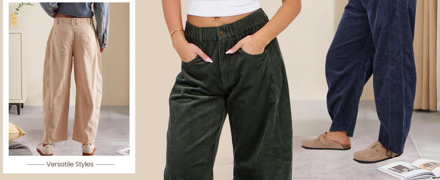 2026 Women's Corduroy Pants Barrel Mid-Rise Elastic Waist Cord Pants Springfresh Casual Wide Leg Baggy Trouser with Pockets..