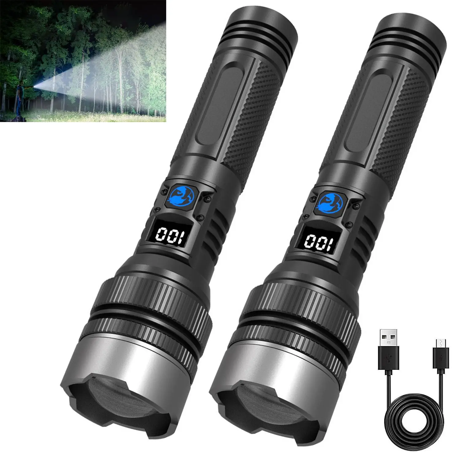 2-in-1 High Lumen Super Bright USB Rechargeable Tactical Flashlight & Power Bank with Digital Display, Zoomable Lantern, Waterproof Headlight, Adjustable Brightness for Outdoor Camping, Emergency (Black), Super Bright Flashlight, High Lumen Flashlight