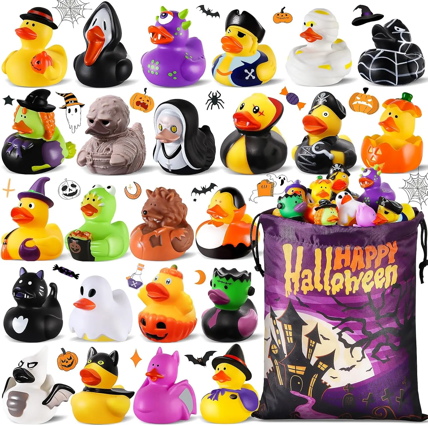 24 PCS Halloween Rubber Ducks with Bags Assorted Halloween Ducks for Jeep Ducking Halloween Party Favors Non Candy Treats Goodie Bag Stuffers Kids Halloween Prizes Trick or Treat Gifts Bath Toys