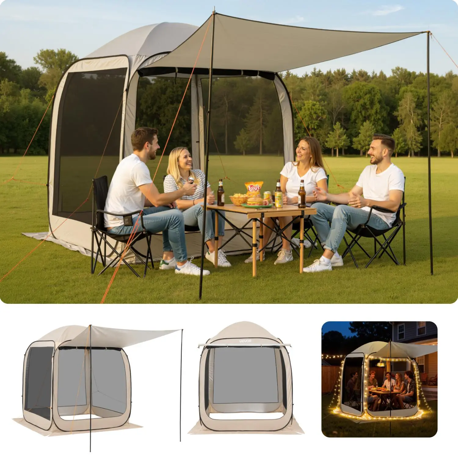 【FathersDayGift】VEVOR Screen House Tent, 6 x 6 ft, 4-6 Person Pop Up Screen Tent with Extended Awning, Portable Screened in Canopy with Carry Bag, Netting Sides, for Patio, Backyard, and Outdoor Activities, Beige
