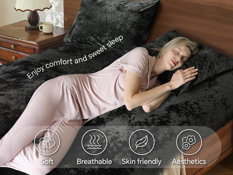 BEDELITE Velvet Fitted Sheet and Pillowcases Set Luxury Soft Fuzzy Bottom Sheet with Reinforced Elastic Corner Straps Deep Pocket up to 15 Inch 1 Fitted Sheet and Pillowcases Black Twin Full Queen King Cal King Sizes Valentine's Day gift