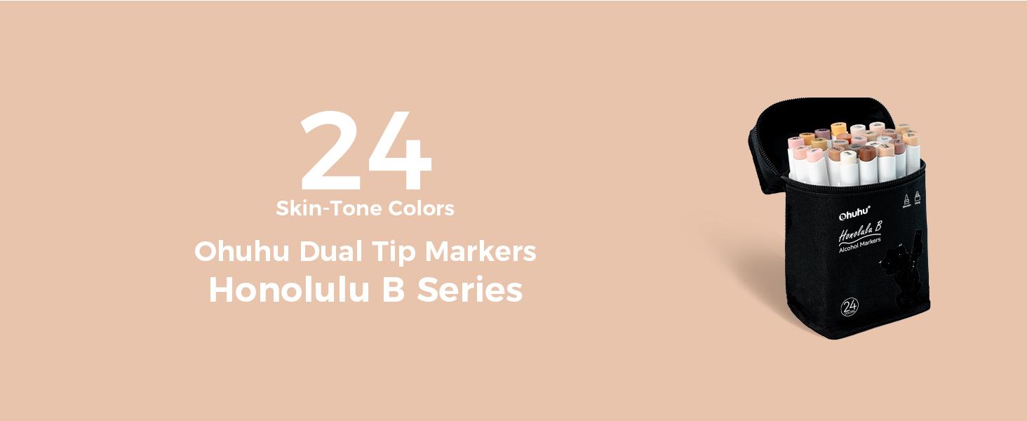 Ohuhu Honolulu Brush Markers: 24 Skin Tone Portrait Colors Double Tipped Art Marker for Drawing Coloring Anime-Brush&Chisel-Brush&Fine-Refillable Ink