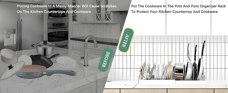 Expandable Pot and Pan Organizer Rack for Cabinet, Pot Lid Organizer Holder with7 Stainless Steel Adjustable Dividers for Kitchen Cabinet Organizer and Storage , ideal for Baking Pans,(White, Grey)Foldable Design,Gifts for Mom