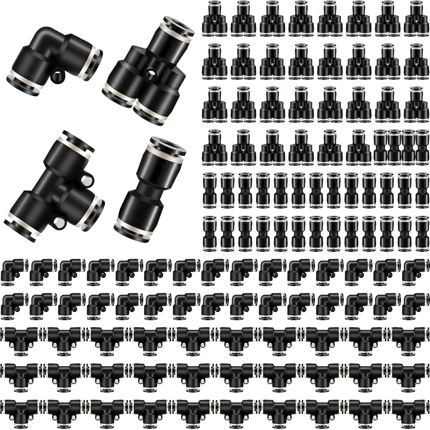 60 Pcs Push to Connect Fittings Air Line Pneumatic Fittings Kit Quick Release Pneumatic Connectors Air Line Splitters Elbows Tee Straight Tubes(1/4 Inch Od) Black garden watering duty water heavy accessory gardening supply