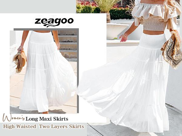 Women's Long Maxi Skirts Tiered Elastic High Waist Boho Double Layered Print A-Line Casual Midi Dress