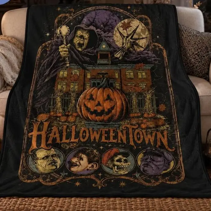 Retro Halloweentown Est 1998 Blanket, Vintage Halloween Town Fleece Blanket, Spooky Pumpkin Throw, Halloween Inspired Horror Movie Fan Gift, Bestie Sleepover Blanket Decor Throw Blanket Birthday Anniversary Holiday Christmas Halloween