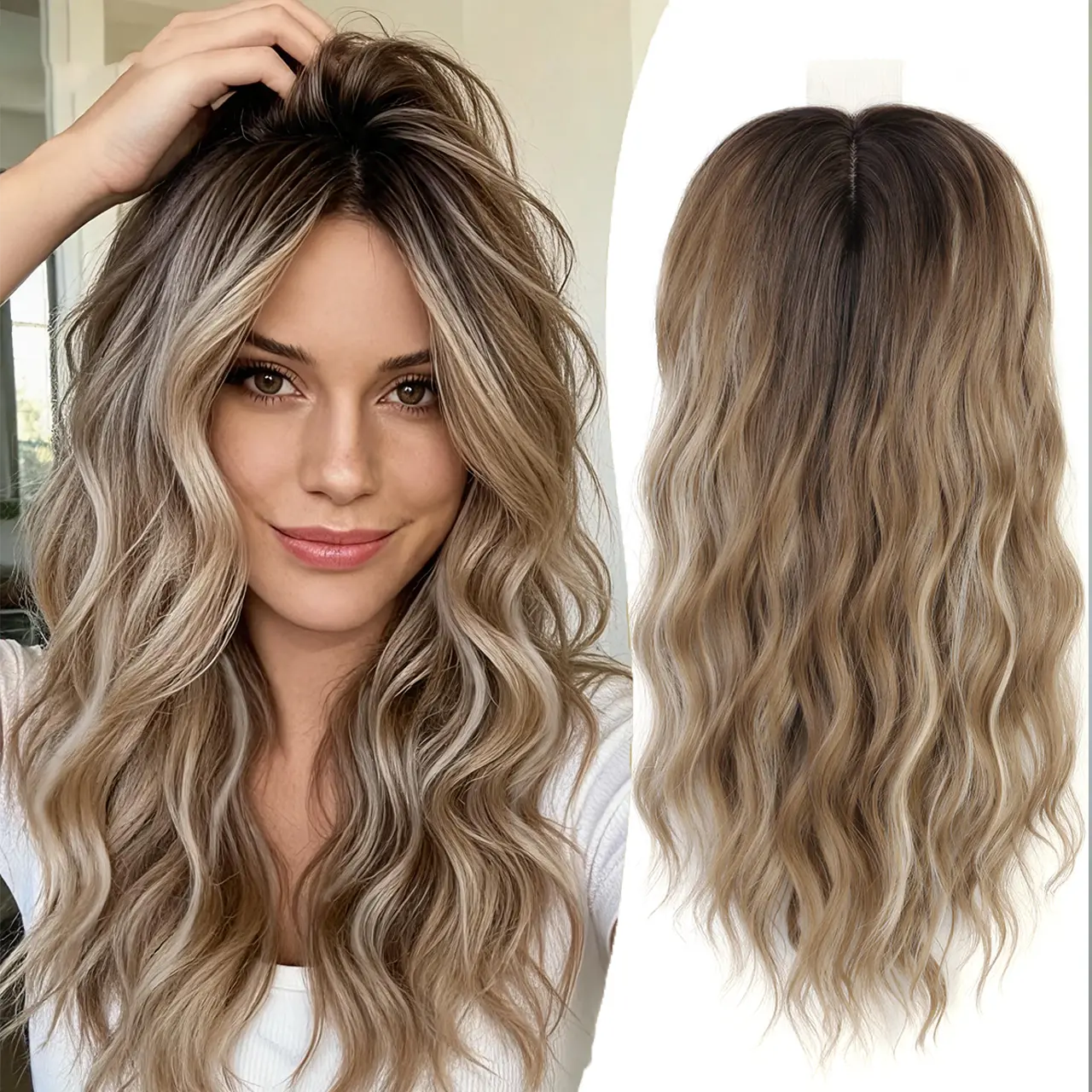 Women's 16in Synthetic Lace Front Clip-In Hair Topper - 6.5''x6.5'' Silk Base, Thinning Cover, Ombre Blend, Wavy Texture, Daily Wear Synthetic Wiglet
