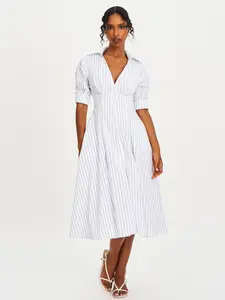Palina Pinstripes Cotton Poplin Pleated Midi Preppy Shirt Dress