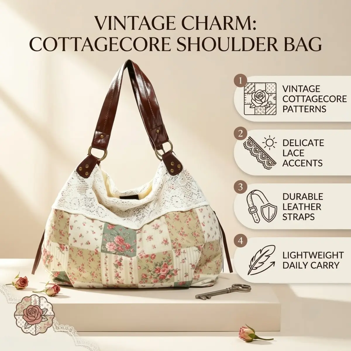 Vintage Floral Patchwork Tote Bag for Women, Large Capacity Boho Shoulder Bag, Cottagecore Lace Hobo Purse, Travel Beach Everyday Tote