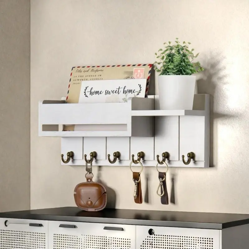 Wooden Wall-Mounted Key Organizer with 6 Hooks and Small Shelf, Mail Sorter and Entryway Storage Holder for Living Room or Entrance, Wall Mountable Home Decor Organizing Essential, Key Hanger Wall Mount, Wooden Wall Rack