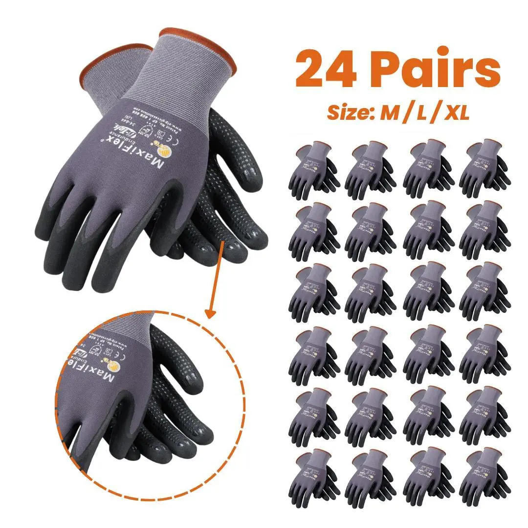 24 Pairs MaxiFlex Work Gloves – Guantes Para Trabajo MaxiFlex – Micro-Foam Nitrile Coated – Breathable, Durable, Anti-Slip for Construction, Gardening