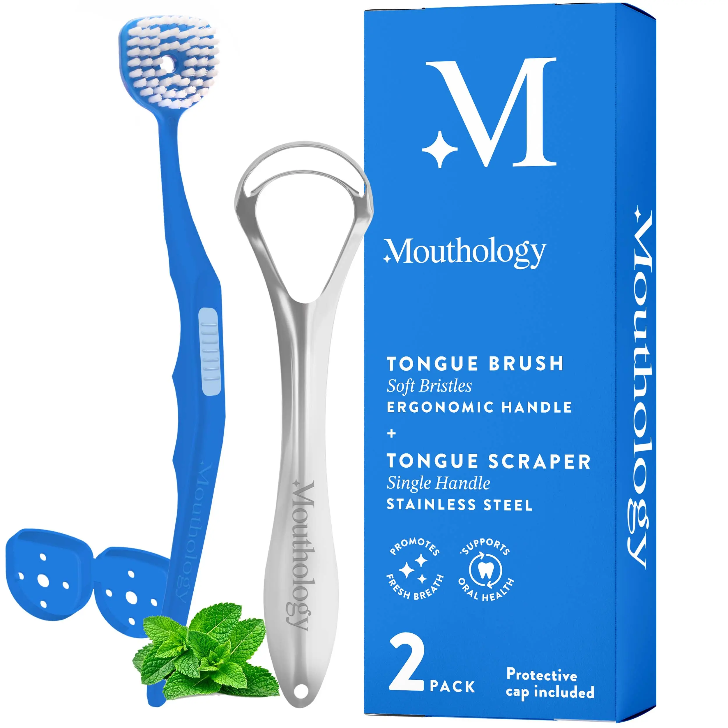 Tongue Brush & Tongue Scraper, Reduce Bad Breath & Improve Oral Hygiene, for Adults Ergonomic Handle & Protective Cap, Tongue Cleaner