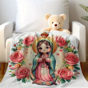 Virgin Mary Cartoon Flannel Blanket – Colorful Religious Design with Roses Hearts - All-Season Warmth, Perfect Easter Gift Bohemian Gingerbread Cookie native father Gryffindor Throw dachshund merch christmas sherpa mood Flouncy bookish cosy garage guy