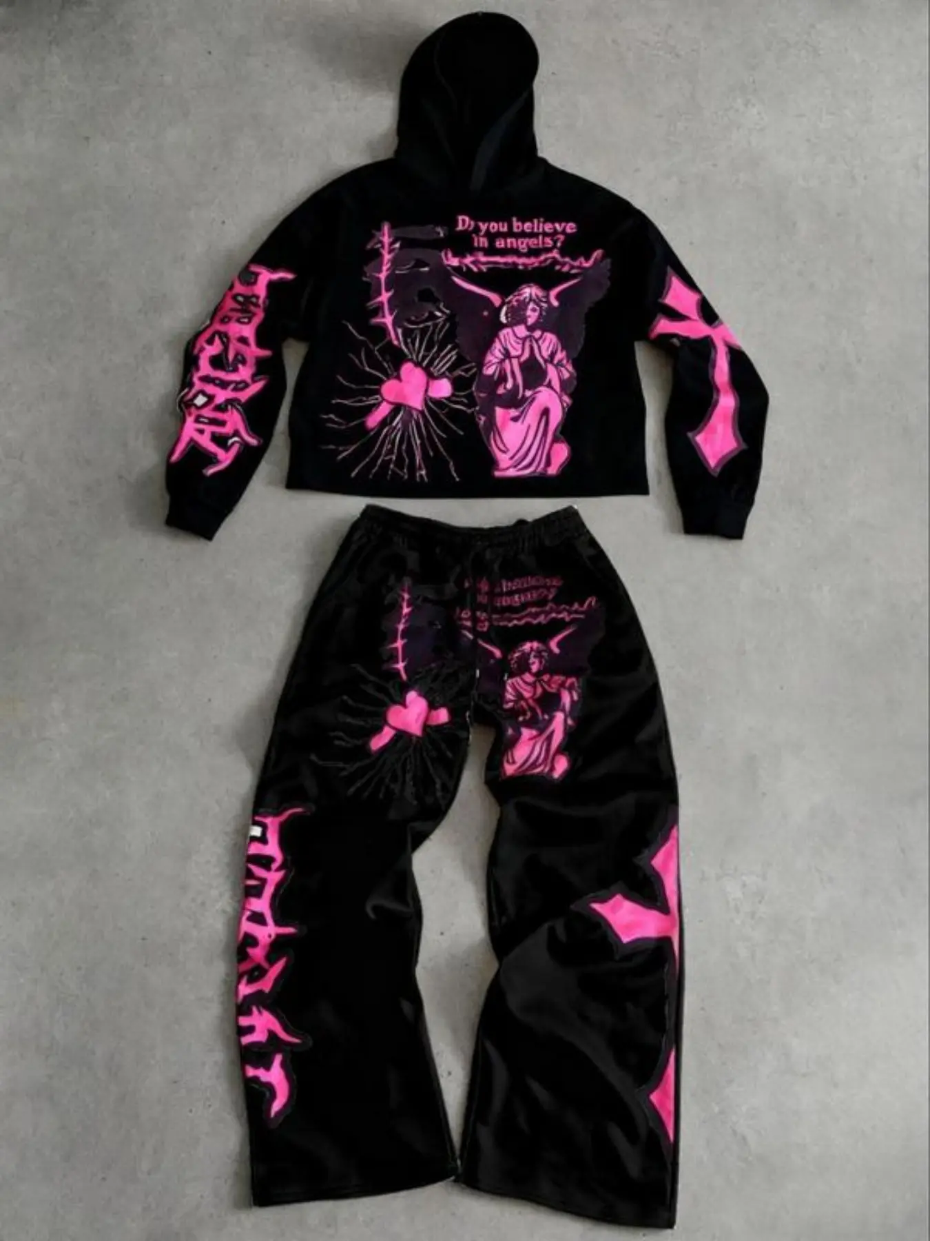Men's Hoodie and Pants Set, Angel Graphic, Geometric, Loose Fit, Fleece Lined, Long Sleeve, Casual Streetwear, Fall Winter, Matching Set