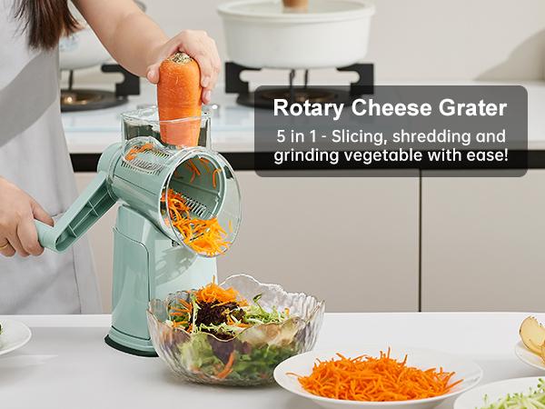 UFORU 5-in-1 Rotary Cheese Grater & Vegetable Chopper with Suction Base, 10 Stainless Blades & Safety Handle - for Cheese, Vegetables, Fruits & Shredding Chicken