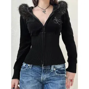 Women's Y2K autumn and winter plush patch hooded velvet zipper jacket, long sleeved slim fit casual jacket, fashionable women's jacket