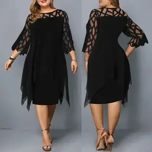 Women's Plus Size Chiffon Dress - Round Neck, Lace Patchwork, Seven-Quarter Sleeves, Irregular Hem