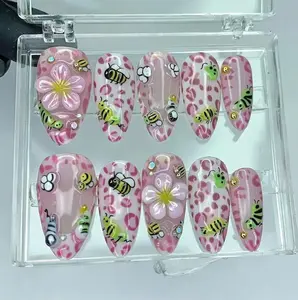 Pink Bee Press On Nails | 3D Flower Honey Bee Nails | Cute Spring Gel Nails | Handmade False Nails