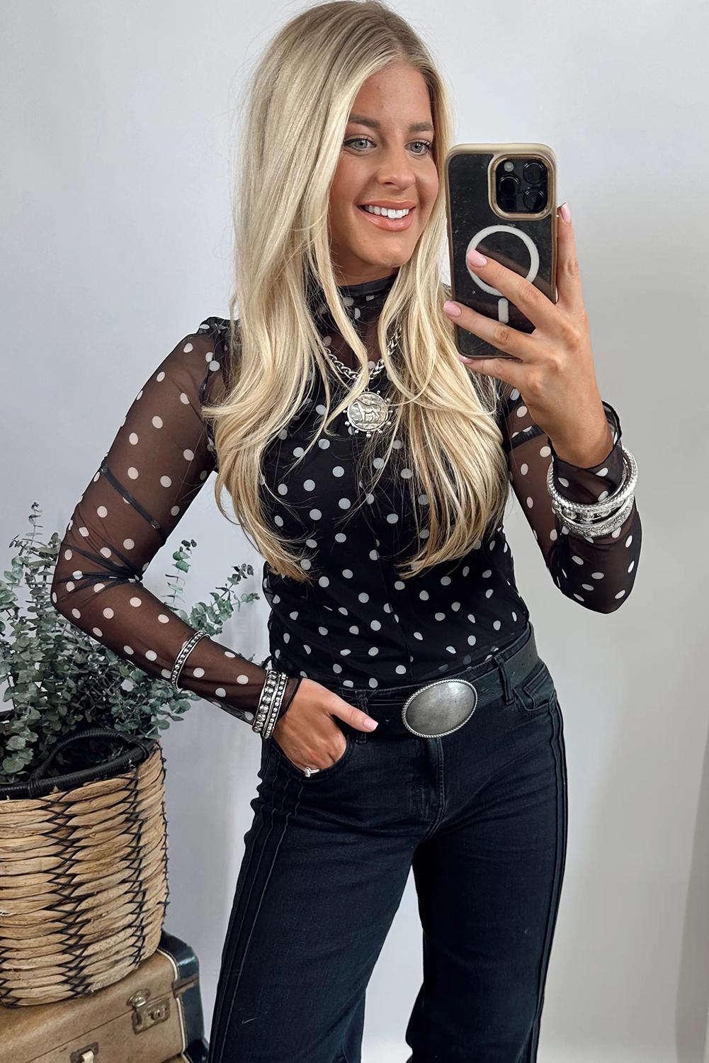 Znacicc Rose Print Mesh Top for Layering, Women's Slim Fit Mock Neck Long Sleeve Blouse , Perfect with Jeans & Jewelry for Going Out