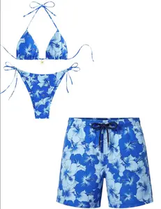 Blue Tropical Couple Swim Set – Women's Triangle Bikini with Men's Printed Swim Shorts