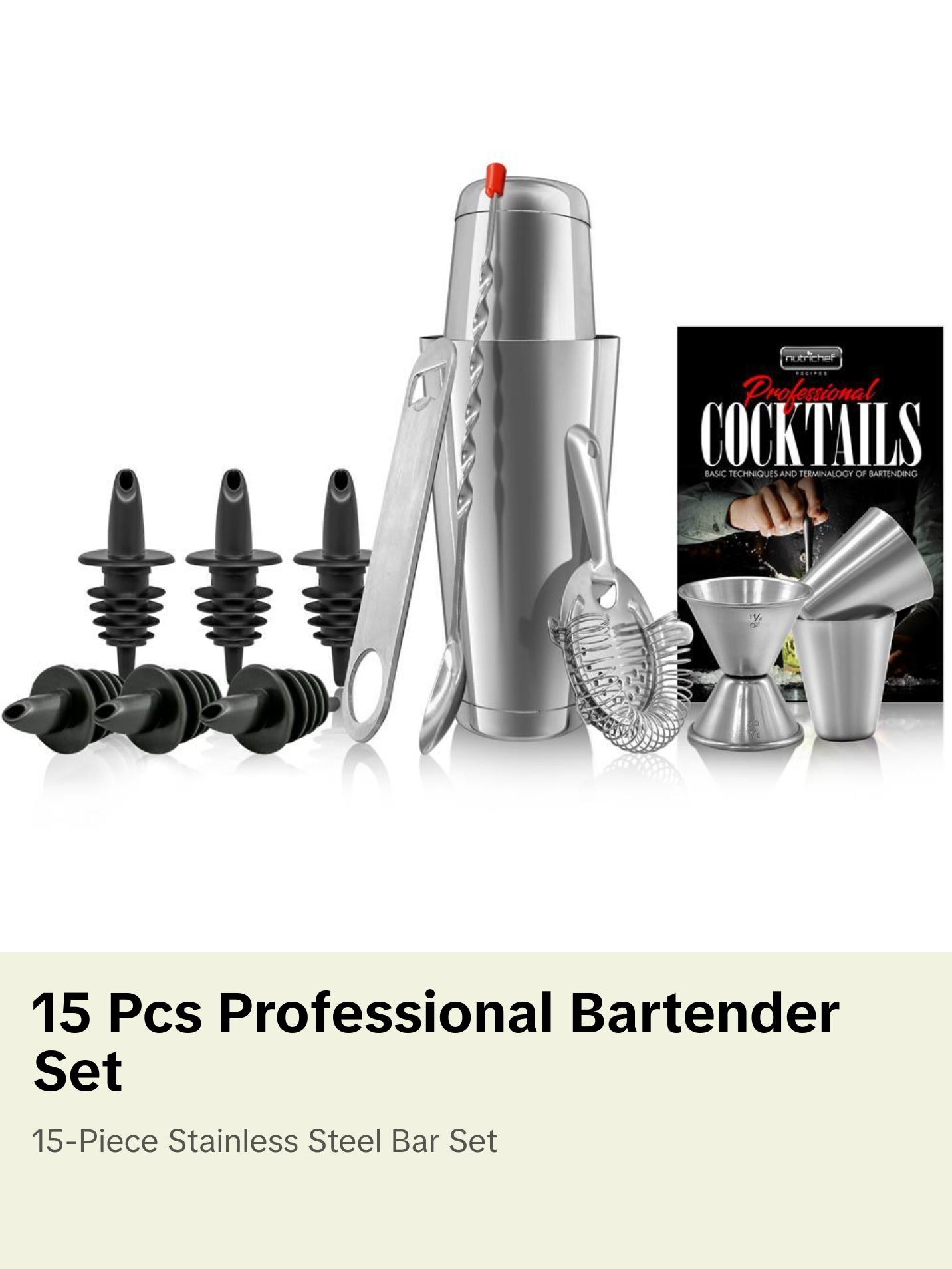 15 Pcs Bartender Set - Drink Mixer with Essential Bar Accessory Tools with Cocktail Shaker Stainless Steel Utensils Reusable