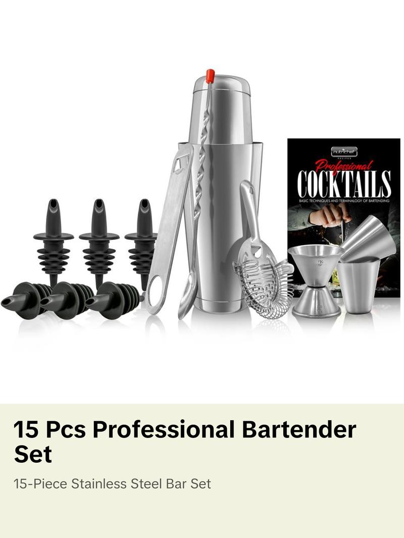 15 Pcs Bartender Set - Drink Mixer with Essential Bar Accessory Tools with Cocktail Shaker Stainless Steel Utensils Reusable
