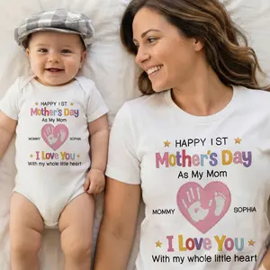 BojjiCo Baby Bodysuit Mom and Baby Matching Shirt First Mothers Day Outfits Women Infant Cute Aesthetic White Cotton Blend Soft Mommy And Me Clothing Set Pink Heart Handprint Footprint Graphic Tee I Love You Holiday Gift For New Moms