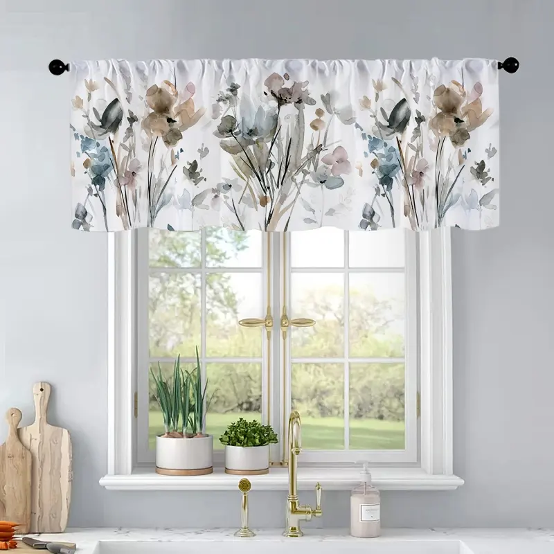 1pc Spring Floral Watercolor Abstract Art Kitchen Curtain Valance, Reversible Light-Filtering Rod Pocket Window for Living Room, Bedroom, Bathroom Home Decor