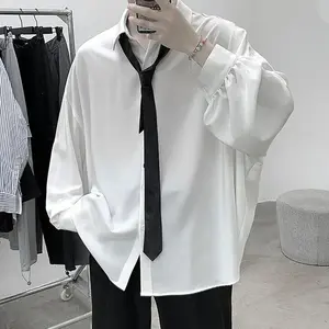 Korean Style Men's Long-sleeved Shirts Black Tie Cozy Casual Solid Oversize Blouses Breathable Loose Shirt Harajuku Male Clothes
