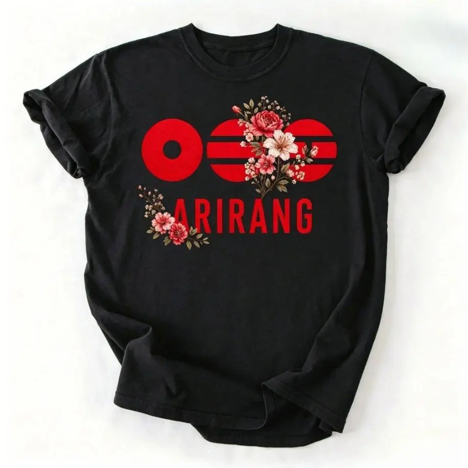 Men's Arirang Floral Print Garment, Traditional Korean-Inspired Fitted Short-Sleeve Lightweight Casual T-Shirt, Unique Cultural Apparel