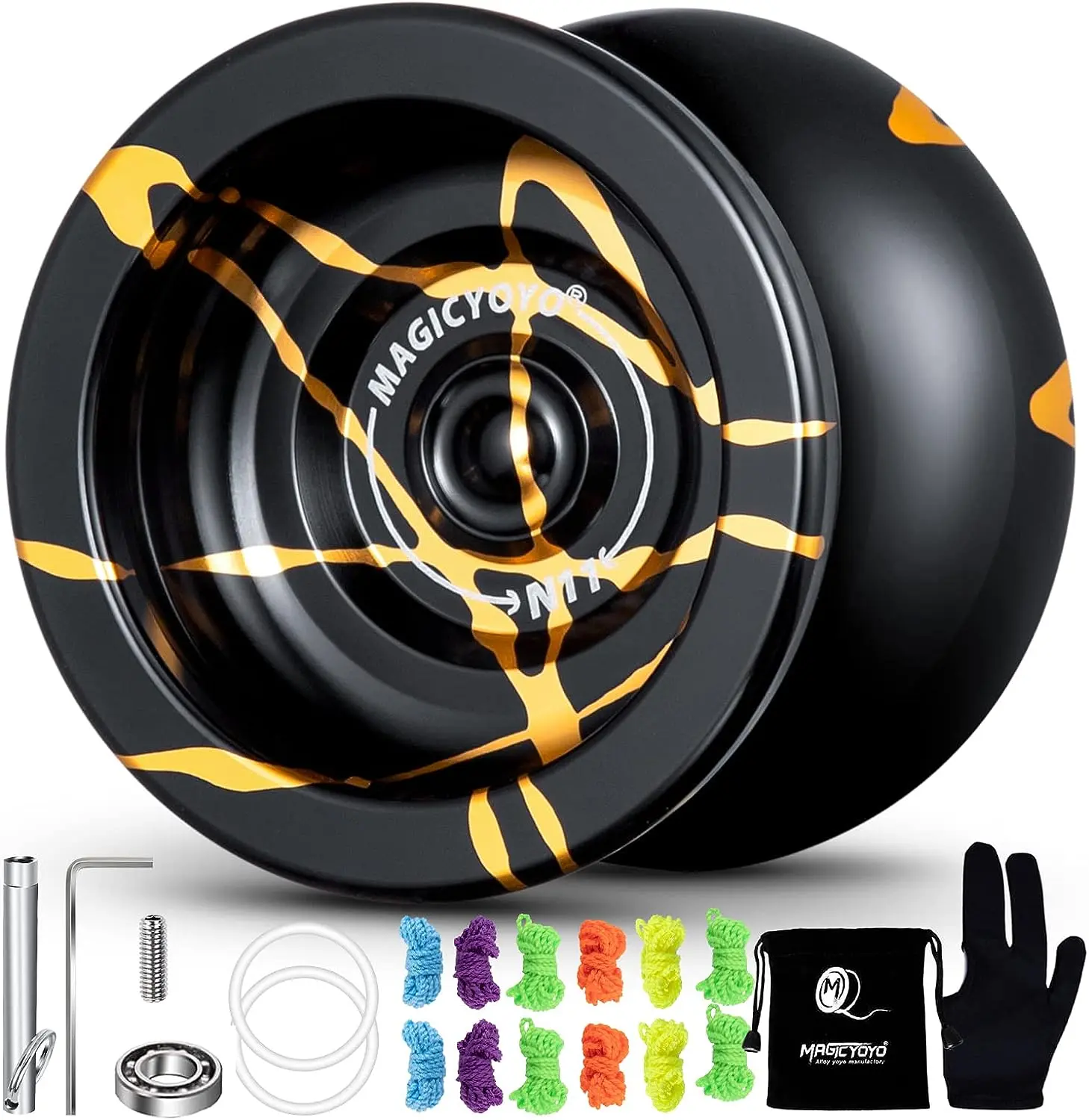 MAGICYOYO N11 Professional Unresponsive Yoyo N11 Alloy Aluminum YoYo Ball with Bag, Glove, 12 Yoyo Strings and Responsive Bearing Kit
