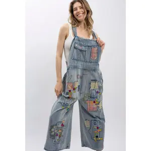 Bluevelvet - Vintage Washed Patch Embroidered Denim Oversized Bib Overalls