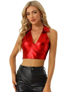 INSPIRE CHIC Metallic Crop Top Shiny Club Party Halter Rave Sparkle Chrome Holographic Tops