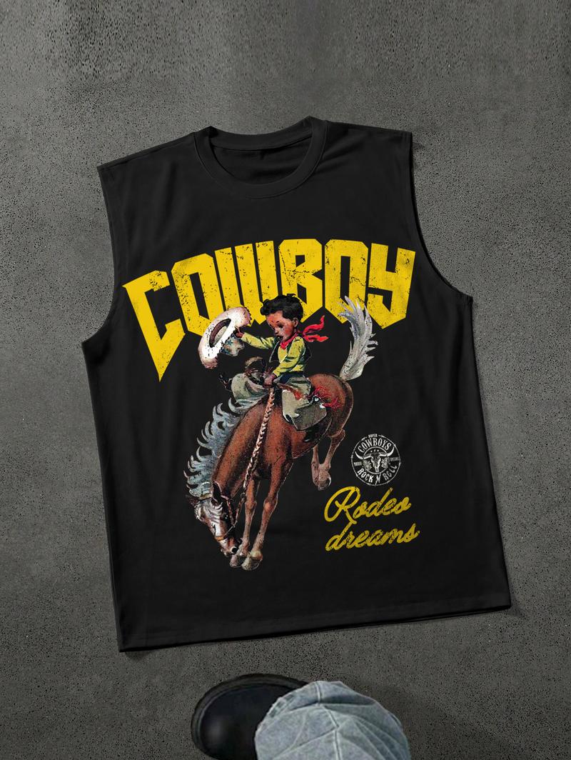 Sopula Studio Men's Cowboy Rodeo Dreams Print Graphic Tank Top Sleeveless Casual Crewneck Workout Tanktop Horse