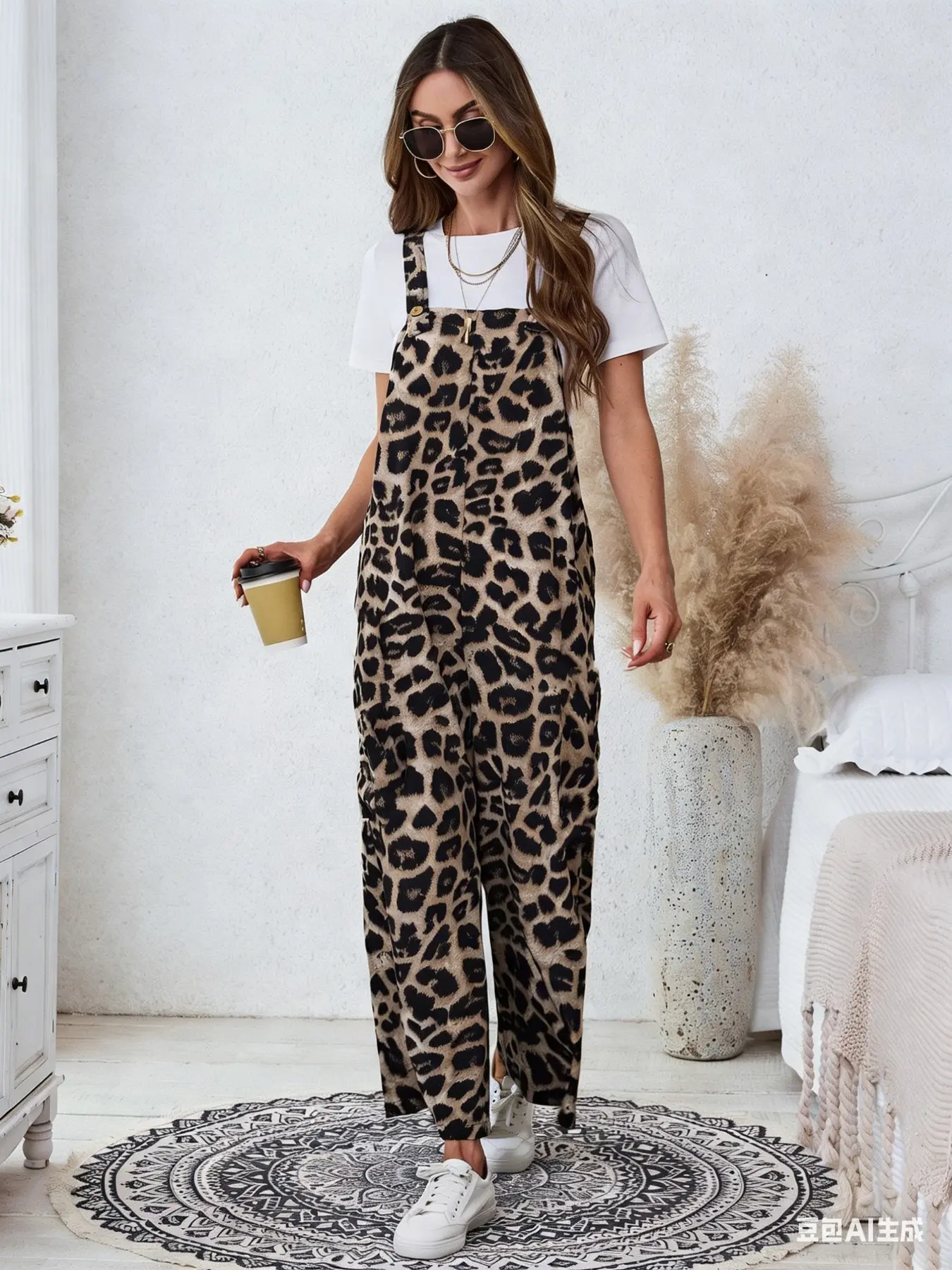 Women's Casual Loose Fit Boho Overall Romper, Workwear Style Leopard Print Romper, Comfortable, Elegant and Stylish Fashion One-Piece for Daily Wear Overalls Bottom, Chic Romper