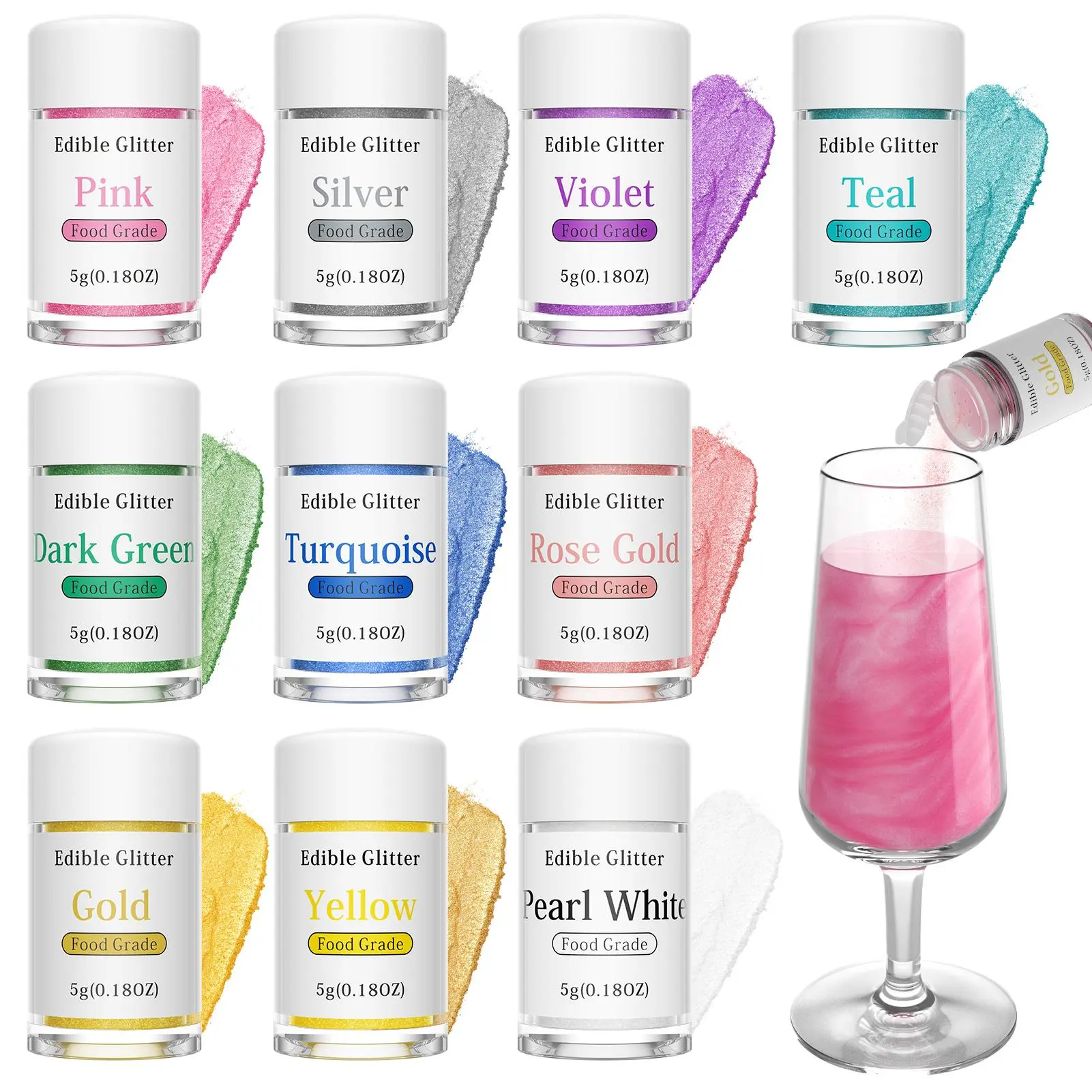 10-Piece Food-Grade Certified Edible Glitter Set, 5g/Bottle for Baking, Cakes, Cupcakes, Brownies, Buttercream, Drinks, Wine, Strawberries, Christmas Holiday Decor & Gift