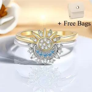 Sun Moon Ring Set Sparkling Crystal Gold Sun & Blue Moon Stackable Rings for Couples Friendship Best Friend Jewelry for Women Men Elegant Design Versatile Usage Perfect Gift with Free Bags