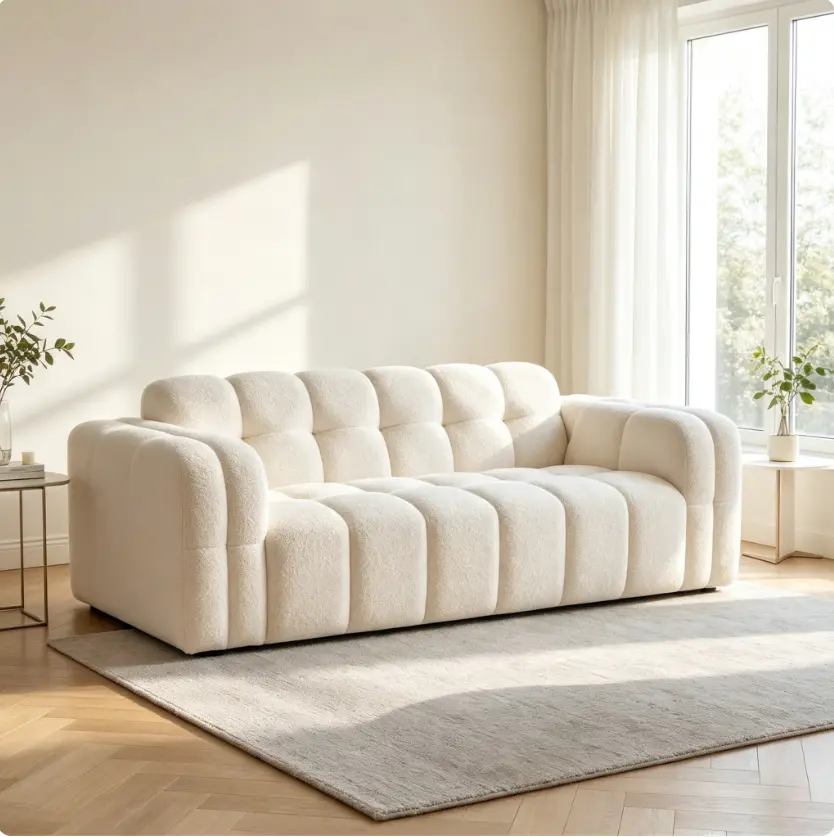 Cream teddy boucle modular sofa with segmented grid cushion design. Plush fluffy texture and rounded edges offer cloud-level softness. Minimalist block silhouette, bright neutral tone, creates a warm cozy aesthetic for modern living spaces.