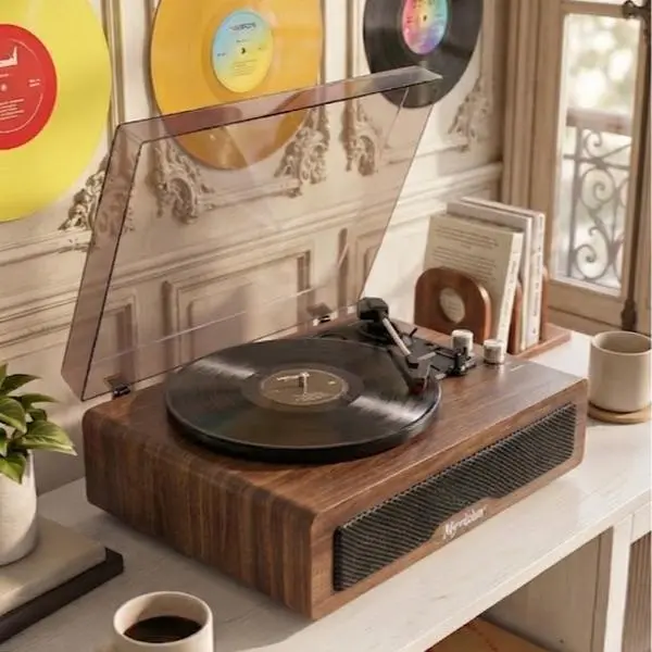 Myvision Vintage Wood Rechargeable Mini Turntable Portable Vinyl LP Record Player - 3 Playback Speeds (33-1/3,45,78 RPM), Wireless Bluetooth, Stereo Speakers, RCA Line Out, AUX In, Headphone Jack, 7/10/12-Inch Compatibility, Vintage Home Audio Accessory,
