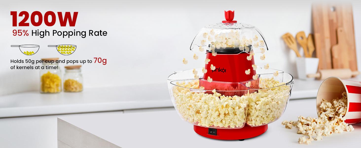 SUSTEAS American Hot Air Popcorn Maker, Electric Popcorn Maker with 4 Serving Bowls and Measuring Cup, Oil-Free, Crunchy & Crispy Quality Kitchen Appliance