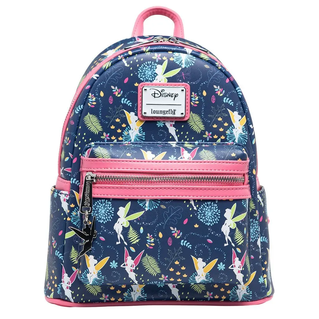 Loungefly Disney Tinkerbell Glow-in-the-Dark Allover Print Faux Leather Stylish Mini Backpack with Pink Straps, Stylish Daypack
